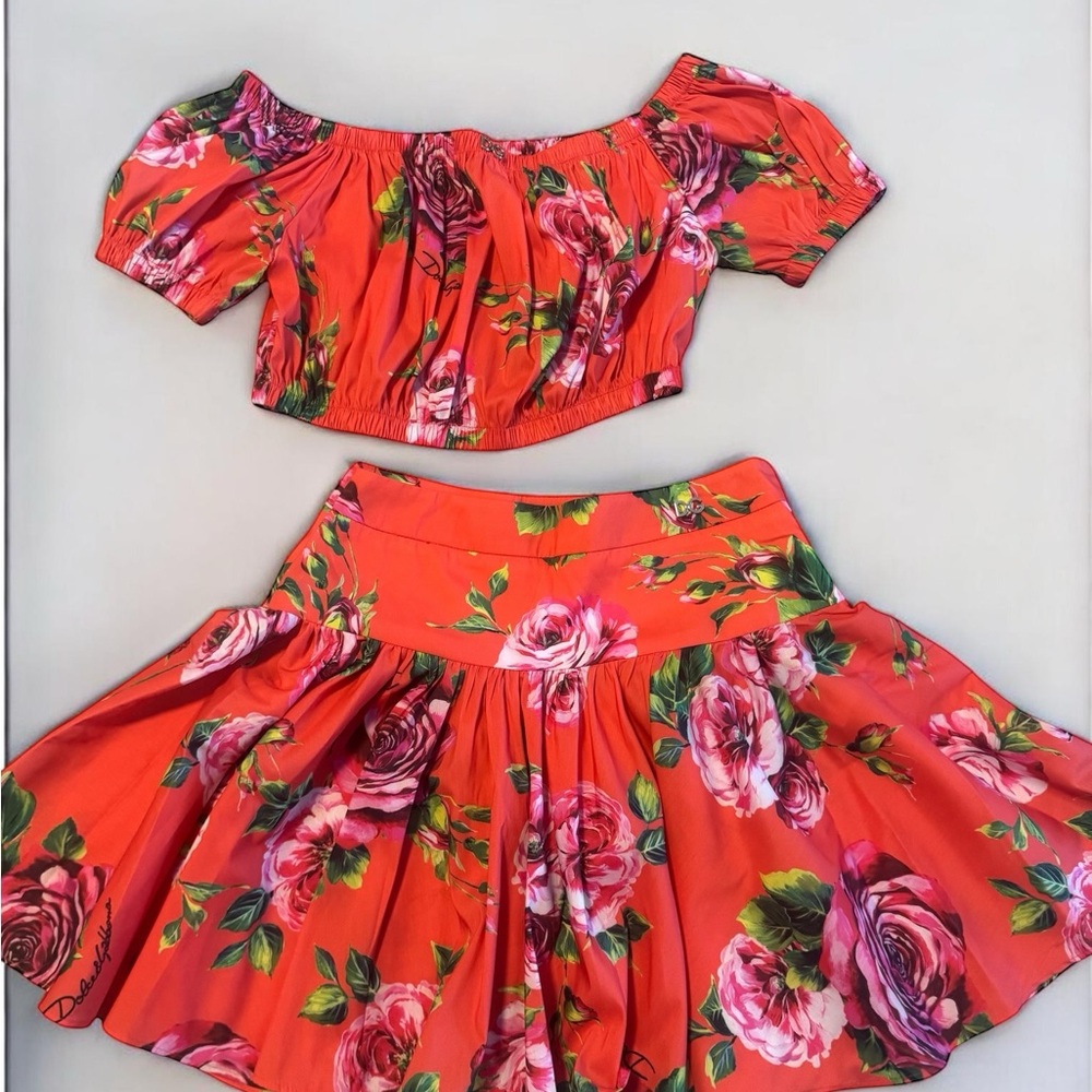 Dolce & Gabbana Orange Floral Two-Piece Skirt Set with White Trim
